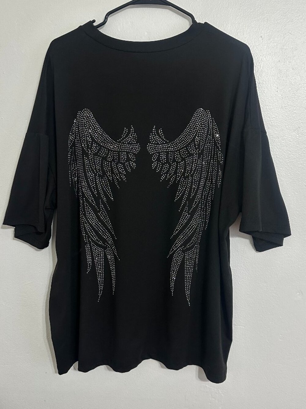 Black Rhinestone Angel Wing Tee 1XL